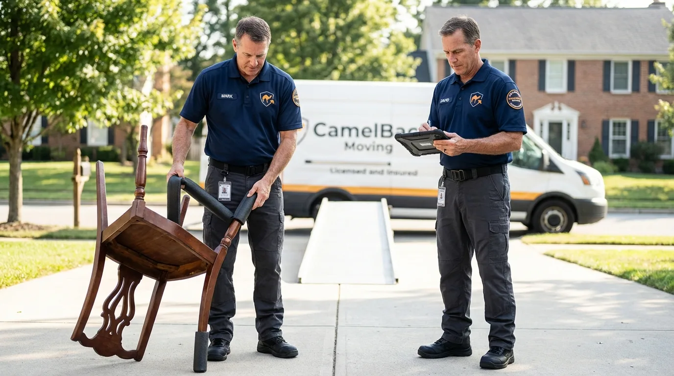 Movers inspecting furniture for damage prevention before loading in Lakewood, WA