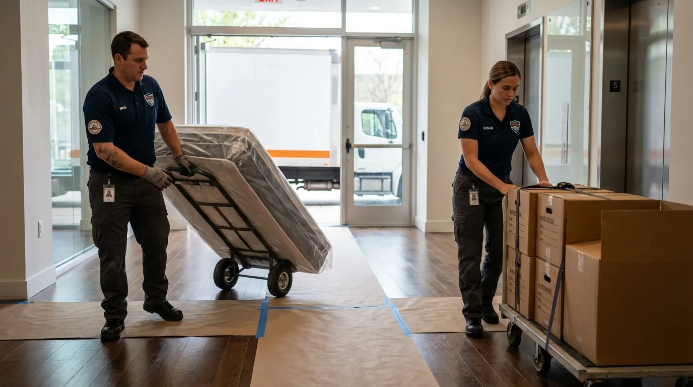 Professional apartment movers loading elevator in Lakewood, WA