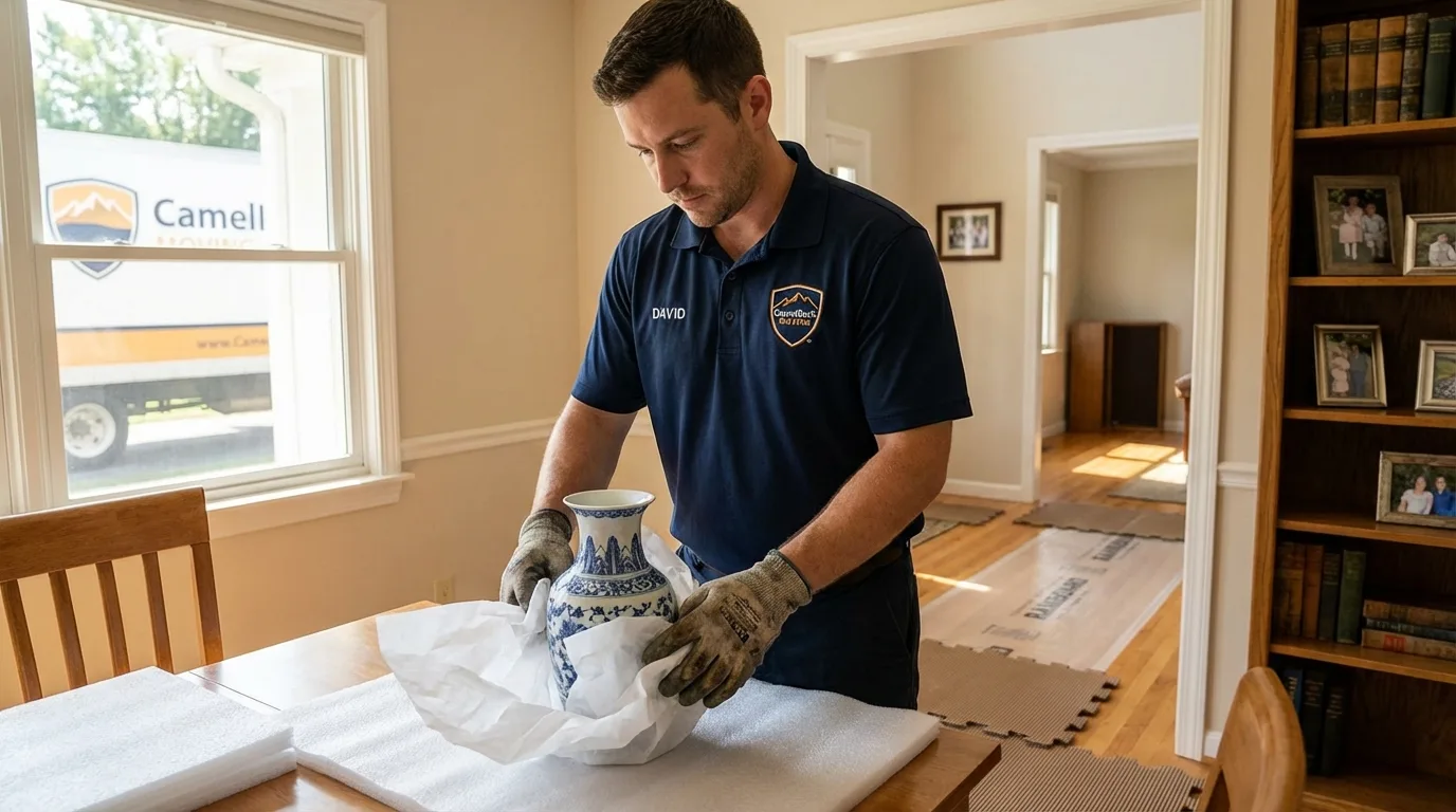 Professional crew carefully wrapping antique vase for senior downsizing move in Lakewood, WA